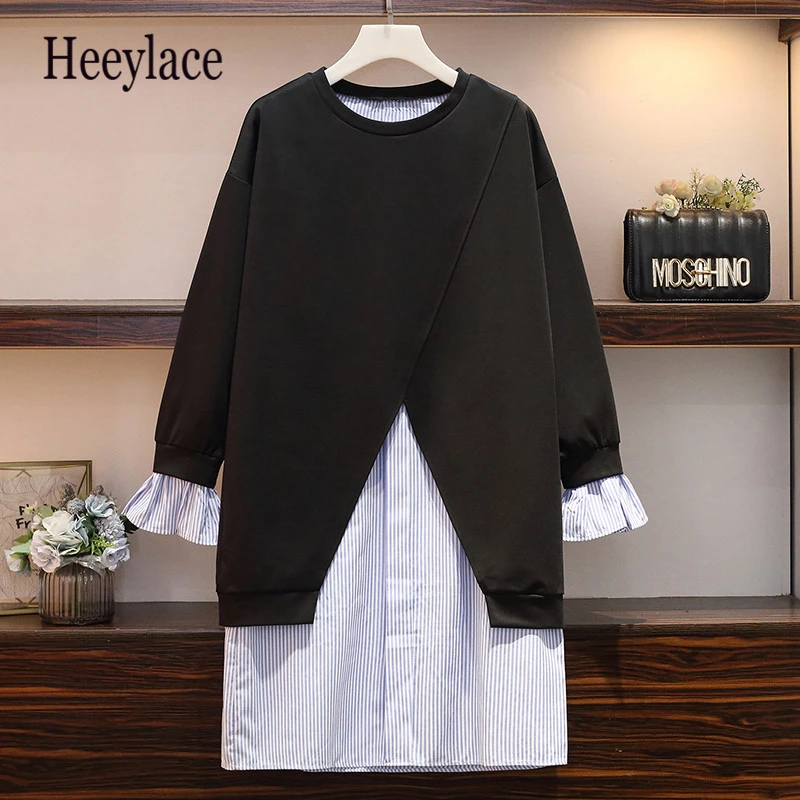 

Plus Size Women Streetwear Loose Casual Dress 2019 Autumn Long Sleeve Patchwork Fake Two Piece Striped Shirt Dresses 5XL
