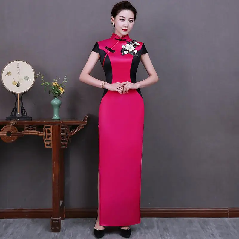 S-5XL женское длинное платье Cheongsam в винтажном китайском стиле с воротником-стойкой из вискозы Qipao тонкое вечернее платье на пуговицах размера плюс - Цвет: Hot Pink