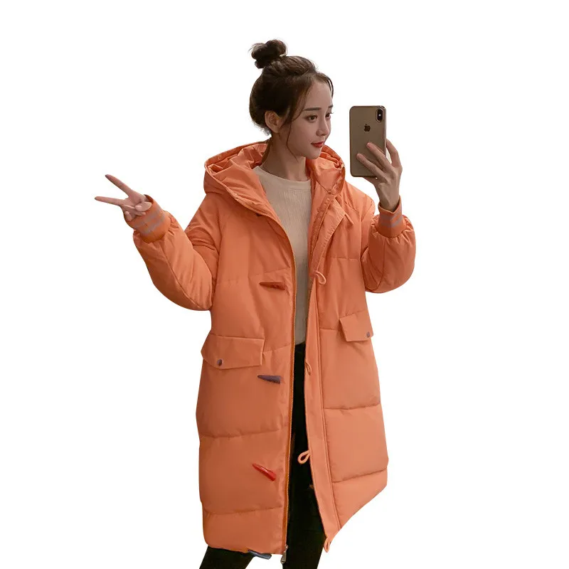 

2020 Winter loose thickened down cotton jacket student mid-length hooded color horn buckle decoration large size female jacket
