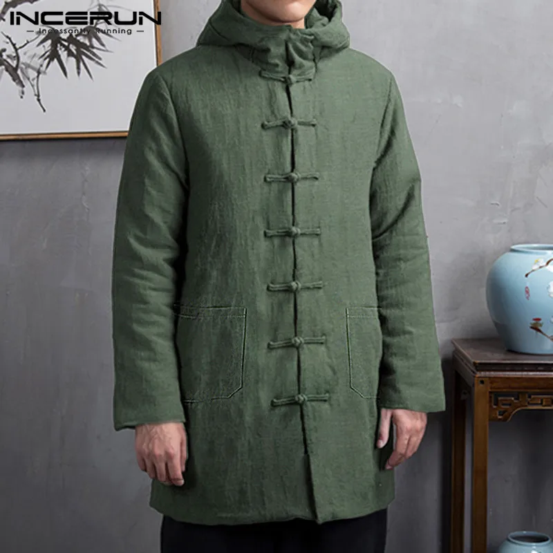 INCERUN китайский стиль мужские однотонные винтажные хлопковые парки с капюшоном верхняя одежда теплые зимние удобные мужские куртки с пряжкой пальто толстовки