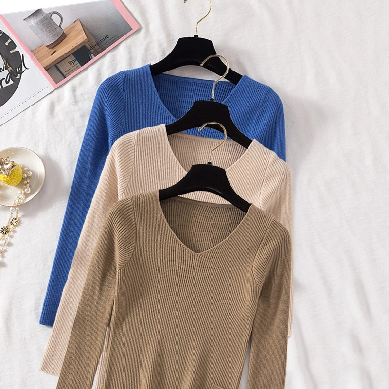 Осенне-зимний тонкий свитер 2020 с v-образным вырезом топ длинными рукавами