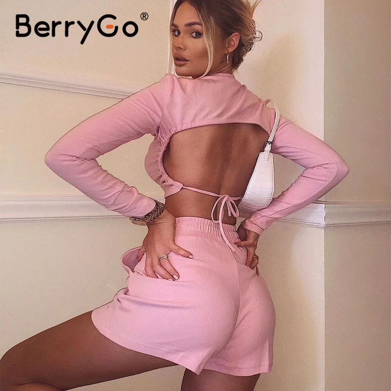 BerryGo Sexy turtleneck two-piece women shorts set Casual short sleeve womens tracksuit Tight female suits summer sport suit