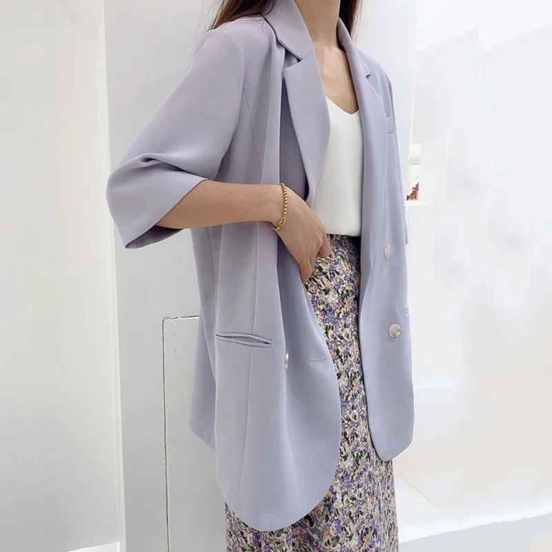 QOERLIN 2021 Women Summer Vintage Double Breasted Solid Blazers And Jackets Fashion Turn-down Collar Slim Female Blazer Coat
