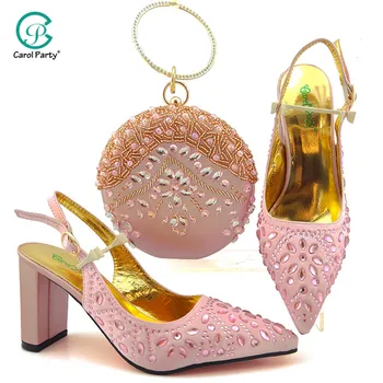 

2020 Spring New Design African Women Matching Shoes and Bag Set Nigerian Style in Pink African Ladies Wedding Shoes and Bag