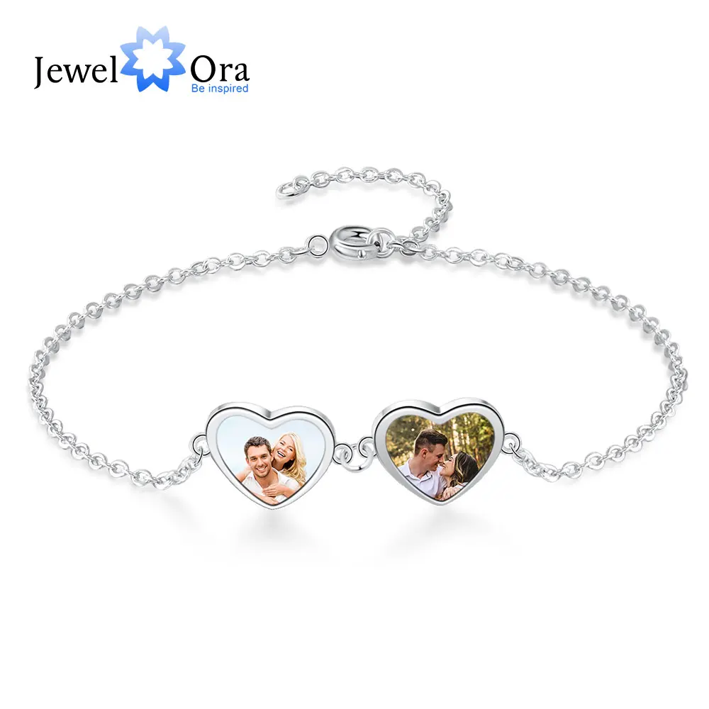 

JewelOra Designer Jewelry-Customized Photo Double Heart Chain Bracelets Stainless Steel Engraved Name Personalized Jewelry Gifts