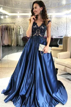 

Elegant Cap Sleeves Lace Applique Satin Evening Dress Sexy Tops Women Floor Length Prom Gown robe de soiree