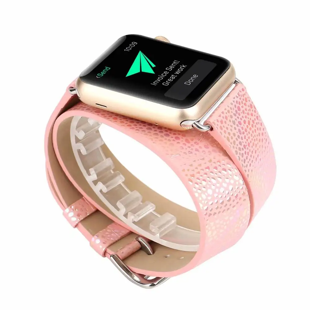 

Leather Loop Watchband For Apple Series 44/40/42/38mm Double Circle Fish-Scale Pattern Bracelet Strap For iWatch Bands 5 4 3 2 1