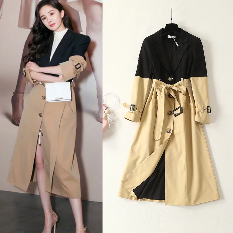 

2019 Autumn New Products Yang Mi Star Celebrity Style Joint Slim Fit Long Trench Coat-Style Contrast Color Waist Hugging Coat Wo