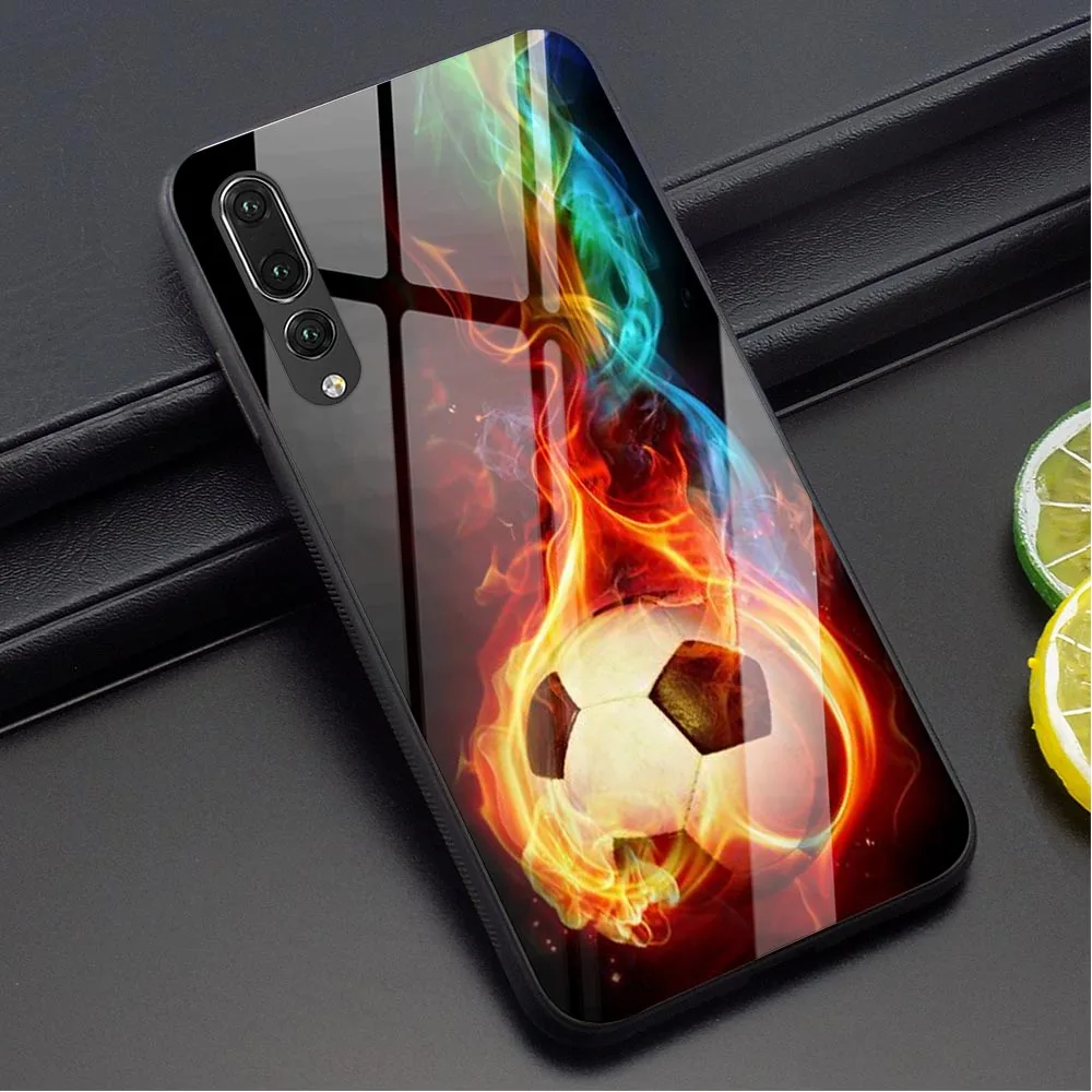 

Fire Football Soccer Ball Glass Phone Cover for Huawei MATE 20 PRO Case Mate 20 Lite Honor 9 10 Lite 7A P10 P20 P30 PRO P Smart
