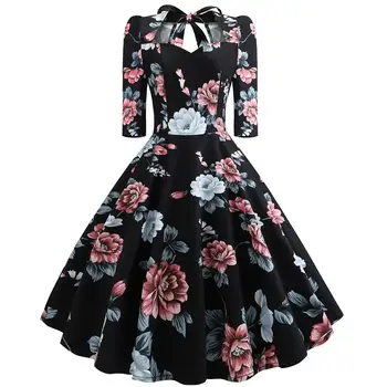 

Fashion Elegant Ladies Retro Flower Print V Neck Halter Bandage Women 3/4 Sleeve Slim Midi Swing Evening Party Dress