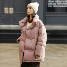 Новинка, корейские свободные одноцветные зимние теплые пальто для женщин, парки со стоячим воротником и пуговицами, Простое Повседневное пальто А-силуэта