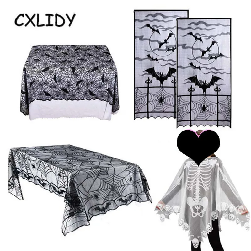 

Halloween Party Shawl Skeleton White Skull Lace Cloak Costume Props Bat Bat Spider Web Halloween Curtain Lace Tablecloth qq102