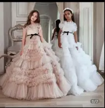 Verngo Luxury Layered Tulle A Line Flower Girls Dresses Short Sleeves Fluffy Skirt Tiered Floor Length Girls Pagnant Gowns