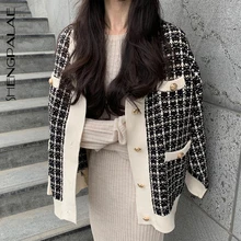 SHENGPALAE, новинка, модный осенний свободный клетчатый кардиган на пуговицах с v-образным вырезом, женские однобортные Повседневные свитера с длинным рукавом FT756