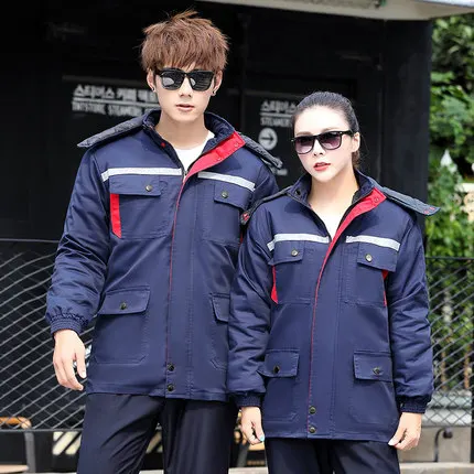 Roupas de trabalho de inverno algodau masculino grosso roupas de prova de vento frio algodau jaqueta removativel forro - Цвет: blue