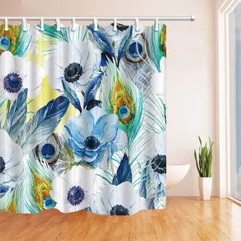 

Splashing Decor, Watercolor Feathers in Flowers, Resistant Polyester Fabric Shower Curtains for Bathroom, Shower Curtain Hooks