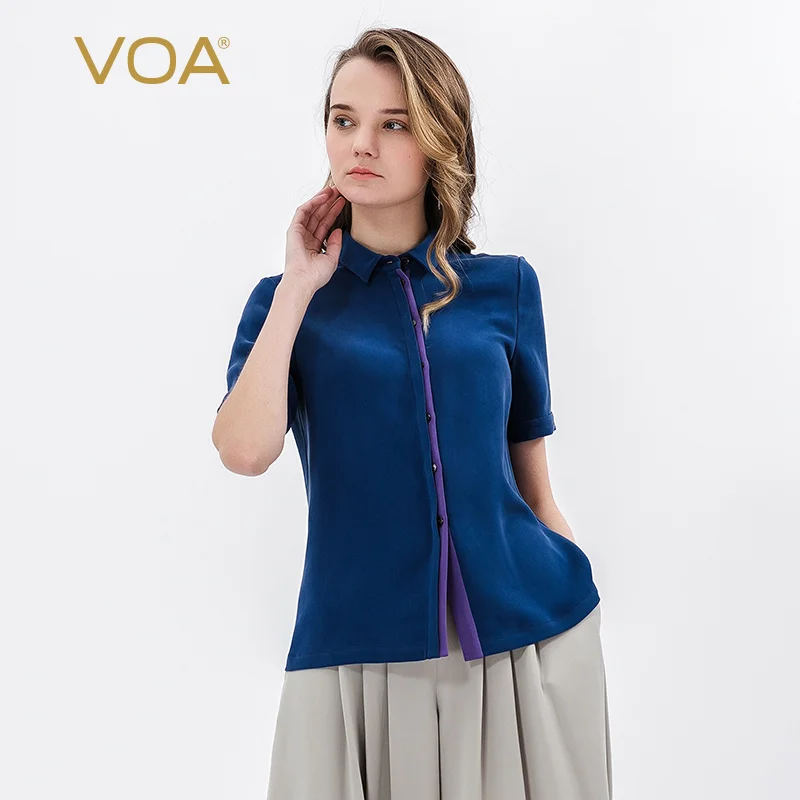 Голубая шелковая однобортная рубашка VOA denim с отложным воротником и тяжелым