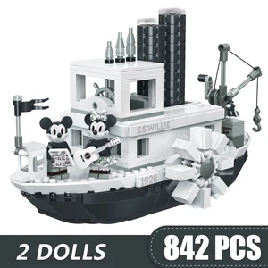 Image 1 - 842 pièces petits blocs de construction jouets compatibles lepding Mickey Minnie bateau à vapeur Willie cadeau pour filles garçons enfants bricolage 