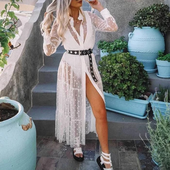 

Hot Women's Dresses See Through Tulle Lace Long Sleeve V neck Gauze Mesh Long Dress Ladies Fashion New Sheer Dress