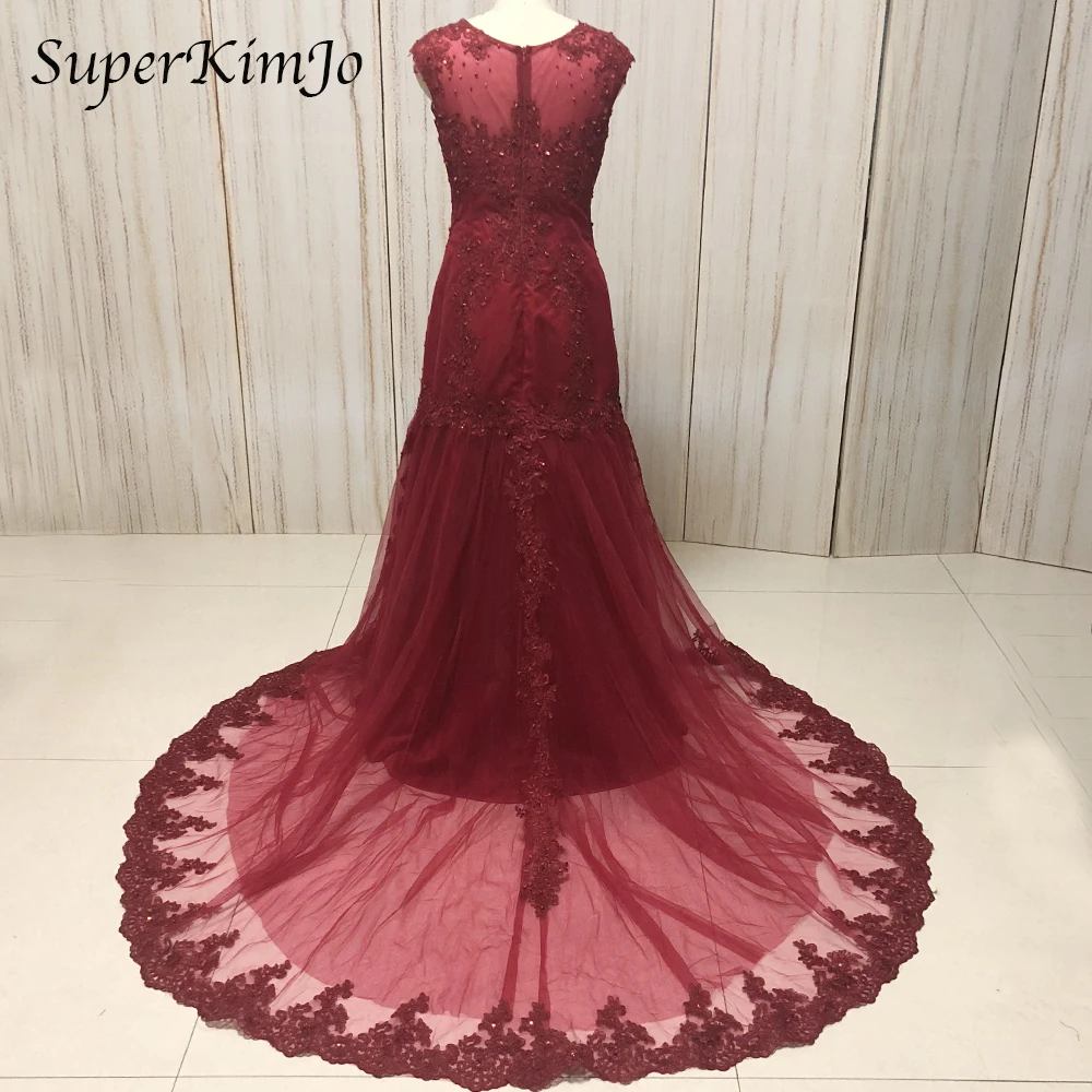 Выпускные платья Burgundy real picture vestidos de fiesta с рукавами-крылышками, Кружевная аппликация бисером, жемчужины, темно-красное вечернее платье