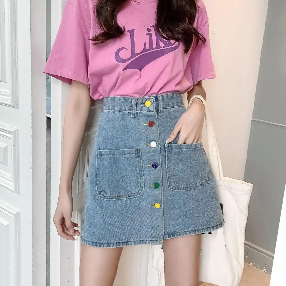 

Casual Women Stretch Loose Fit Front Button High Waist A Line Denim Mini Skirt