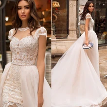 2 в 1, свадебное платье для невесты, сексуальные кружевные аппликации, цвета шампанского, с рукавами-крылышками, свадебные платья для женщин, Русалка, Vestido de Noiva
