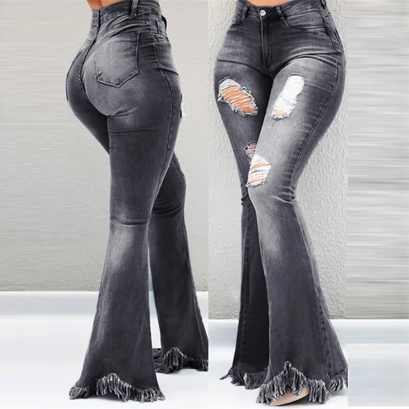 Модные женские рваные Широкие джинсовые Брюки расклешенные джинсы брюки-клёш