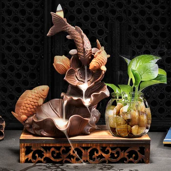 

20Pcs Incense Waterfall Backflow Incense Burner Sandalwood Censer Wood table Carp Lotus flower Decorative Ornaments Tea
