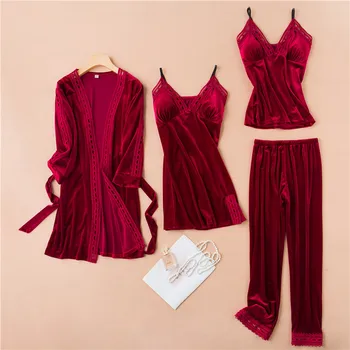 

Burgundy Velour Pajamas Set Women Autumn 4PCS Sleepwear Female Velvet Sleep Set Casual Pyjamas Suit Loose Home Clothing