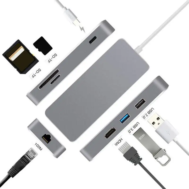 7 in 1 USB 3.1 HUB Type C Charging USB 2.0 USB 3.0 2K HDMI LAN TF Adapter