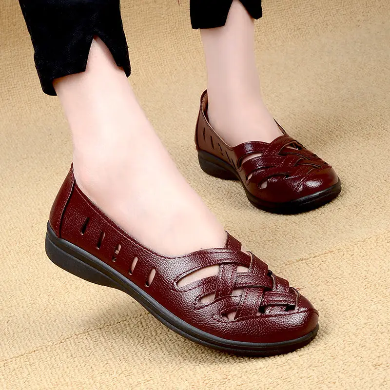 Female Flats Shoes Leather Loafers Breathable Genuine-Leather Women Hollow for New-Arrival