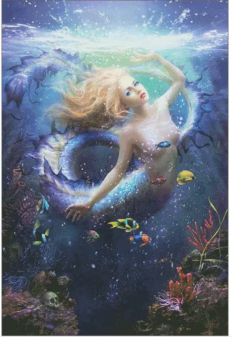 CS-3073 Cross Stitch Kit Splash Mermaid and Fishes in Blue Sea