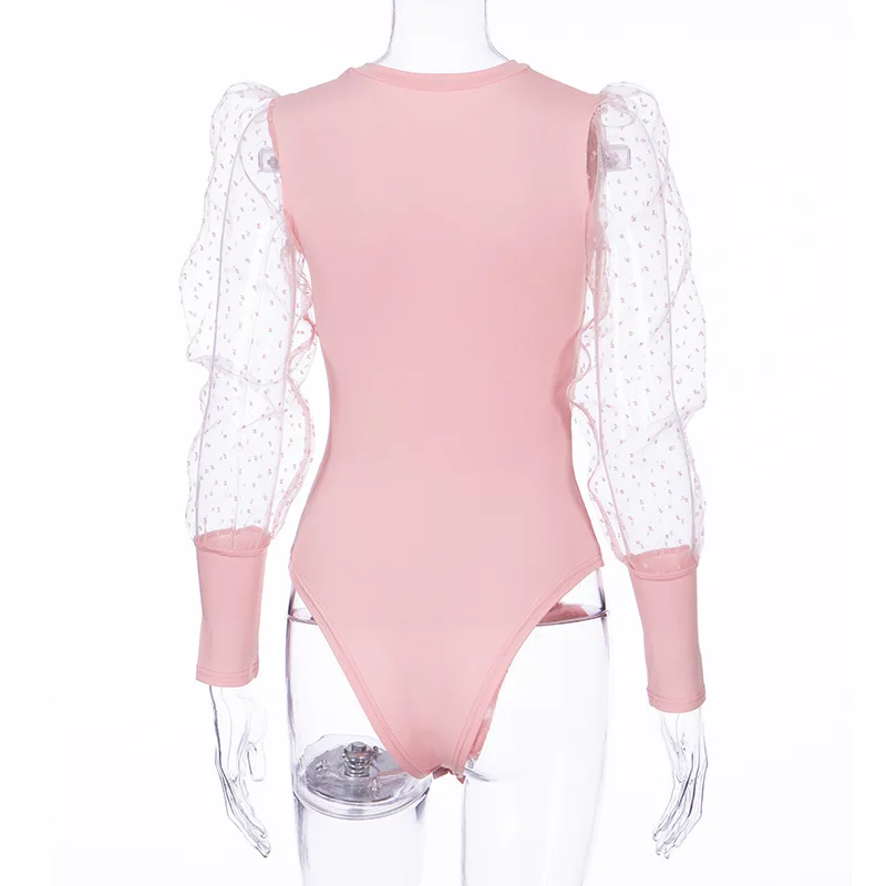BOOFEENAA Transparent Mesh Polka Dot Puff Long Sleeve Body Suits Women Autumn Winter Tops Elegant Sexy Body Feminino C70-H86