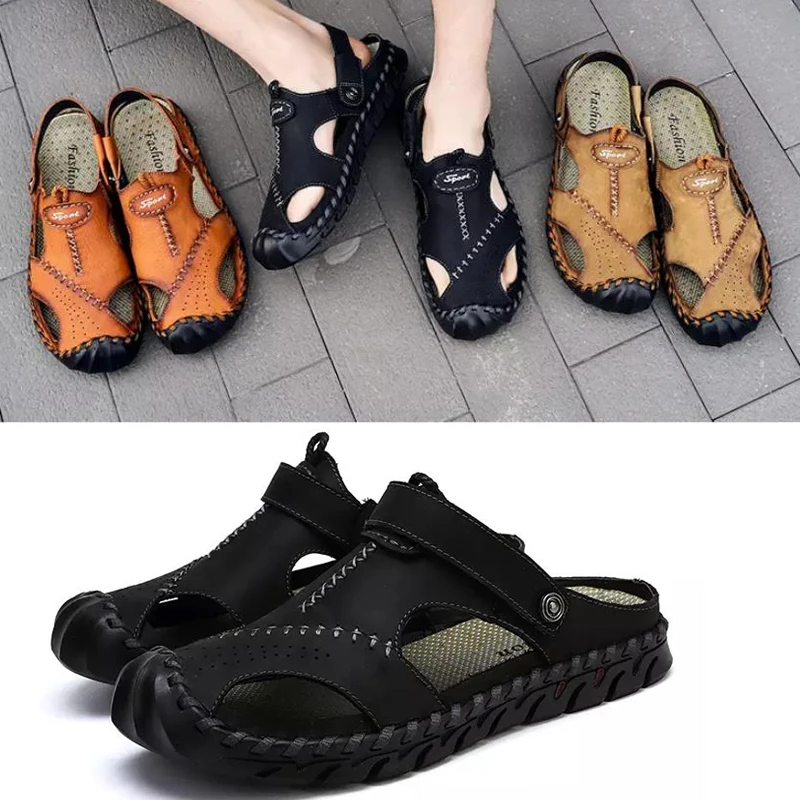 Men's Summer Leather Sandals Cap Toes Breathable Slippers Big Size EU 38-48 Shoe Outdoor Beach Soft Casual Shoes Male | Обувь