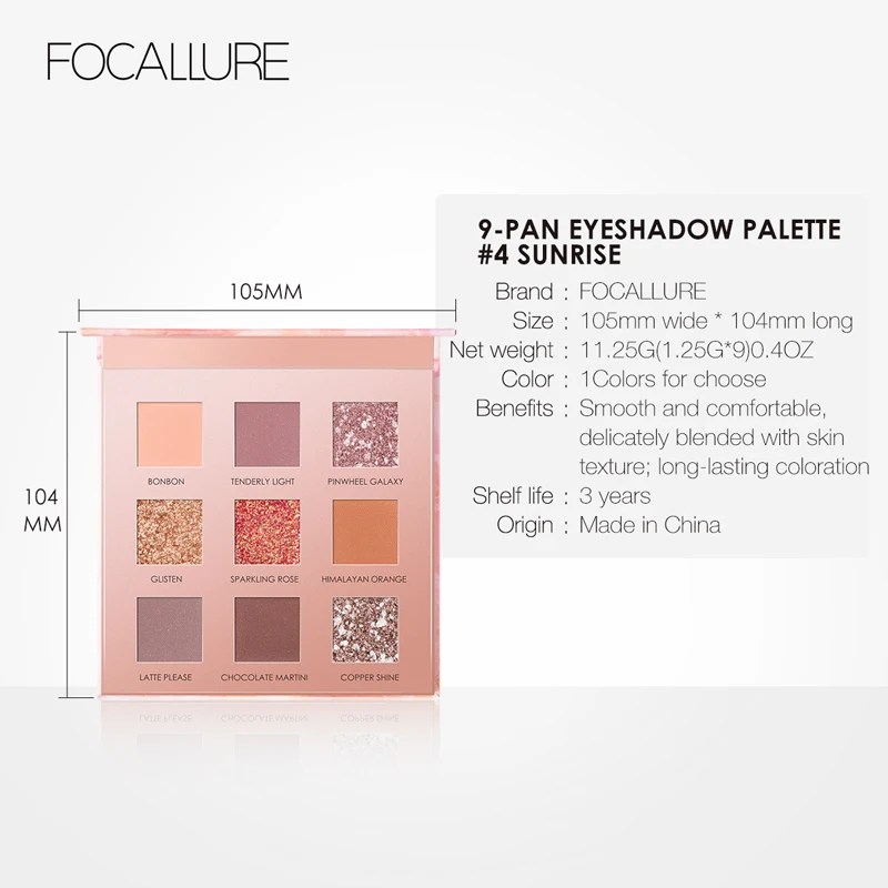 FOCALLURE Sunrise, 9 цветов, палитра теней для век, матовые блестящие тени для макияжа, длительное мерцание, пигментные тени, палитра