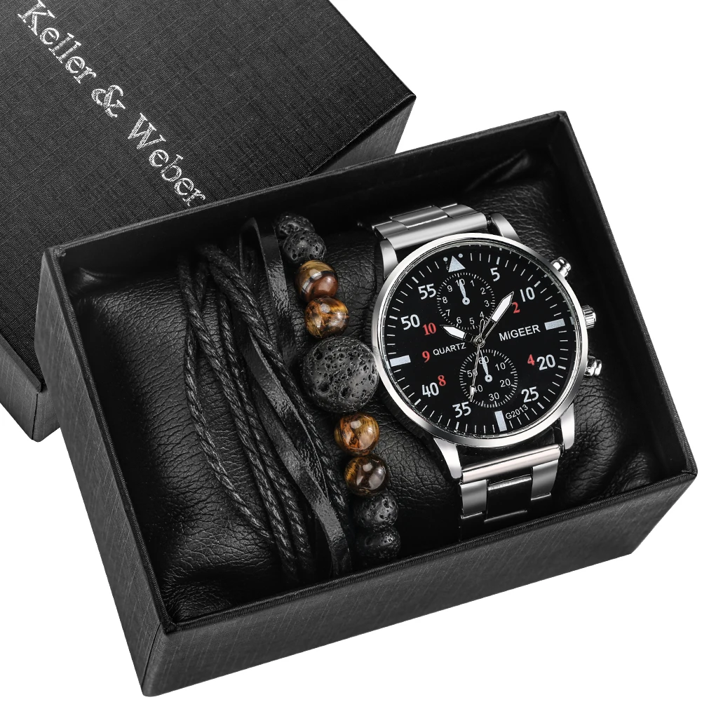3 PCS Men's Watches Bead Bracelet Set Casual Business Steel Band Watch Quartz Sport Digital Dial Wristwatch Gift Box Package | Наручные