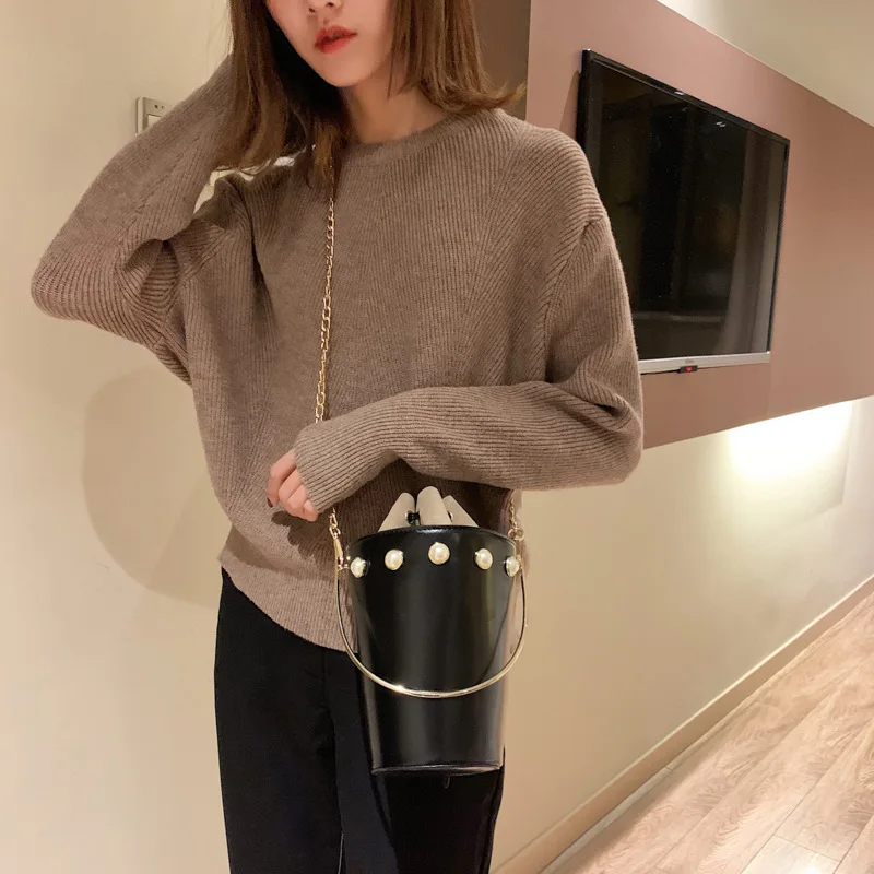 

2019 New Style Fashion PU Leather Bucket Bag Pearl Drew-string Bag Ladies' Versatile Chain Bag Oblique Bag