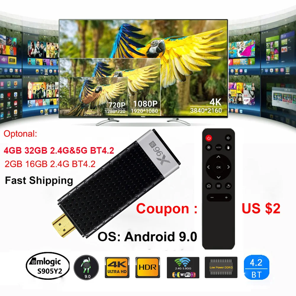 

X96 X96S 4K Android 9.0 Tv Stick Amlogic S905Y2 Quad Core LPDDR4 4G 32G Mini PC 2.4G 5G Wifi BT4.2 1080P HD Miracast TV Dongle