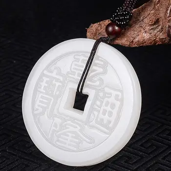 

LETSFUN Fine Jewelry about Beautiful Exquisite Chinese White Natural Jade Pendant Amulet Coin +Rope Free Shipping