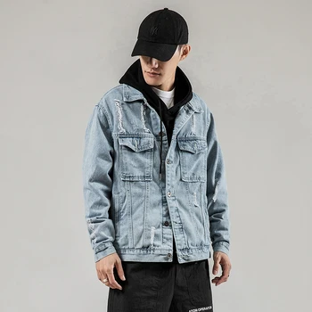 

2020 spring new high-quality men's jacket youth authentic denim Japanese trend hole denim jacket large size men's clothing