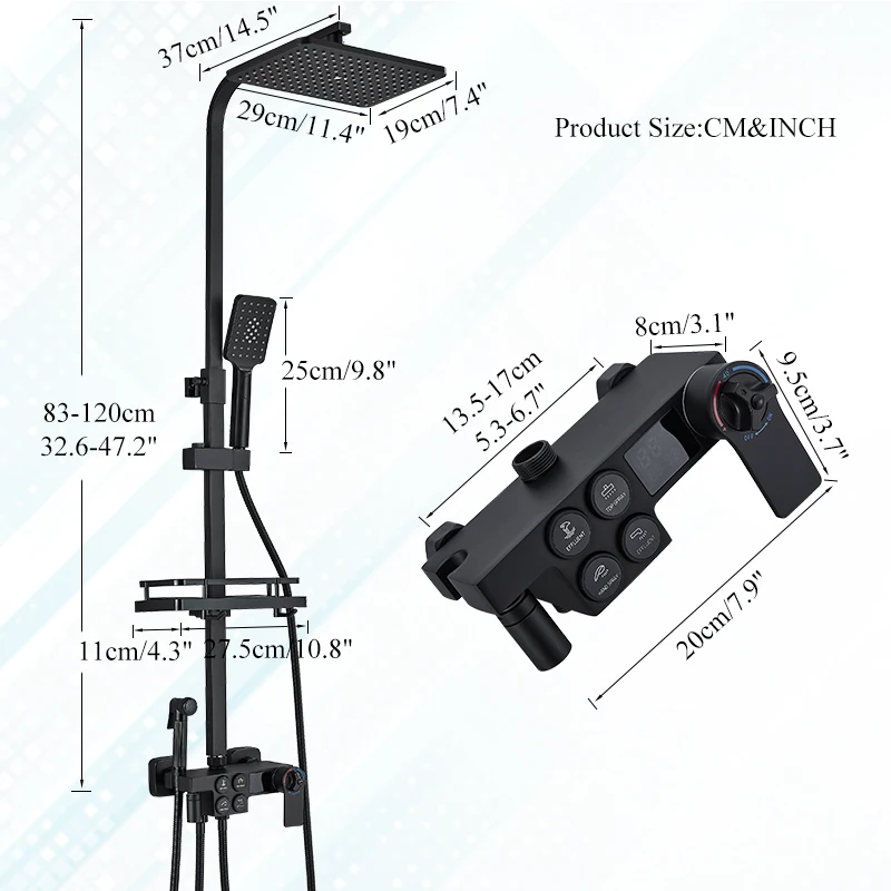 Description Picture 4 of itemMatte Black 4 Functions Display Screen Shower Faucet Bathroom Rotate Bath Tub Bidet Shower Push Button Rainfall Head Mixer Tap