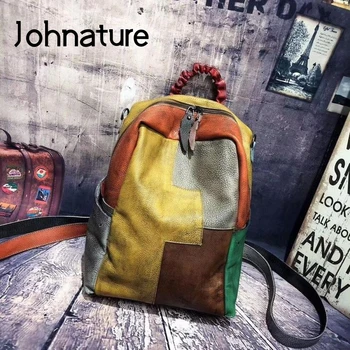 

Johnature Handmade Vintage Women Backpack 2020 New Hand-wiping Random Color Mixing Genuine Leather Shoulder Bag Travel Bags