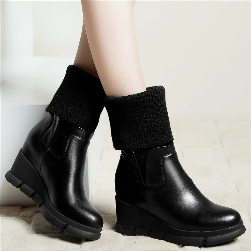 Winter Tennis Shoes Women Cow Leather Wedges High Heel Round Toe Platform Pumps Knitting Hight Top Fashion Sneakers Casual Shoes