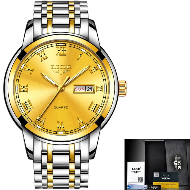 steel gold LIGE, пара часов, золотые, синие часы, женские кварцевые часы, Дамский Топ бренд, роскошные женские наручные часы, женские часы, Relogio Feminino - Цвет: steel gold