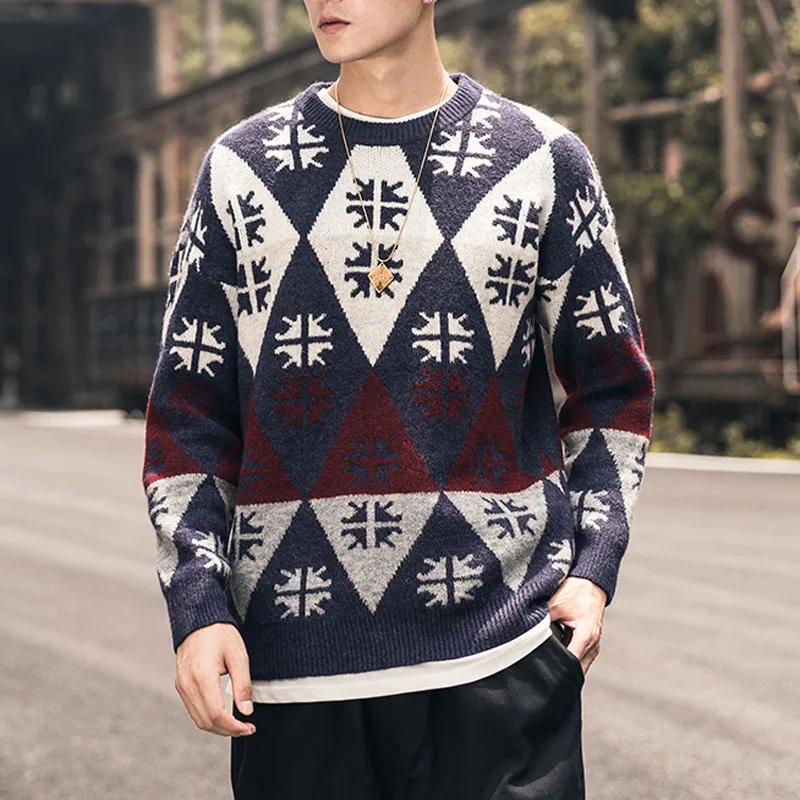 

Geometric Pattern Sweater Men Plus Size M-5XL Korean Style Wool Knit Long Sleeve O Neck Ribbed Sweaters Tops Autumn Winter 2019