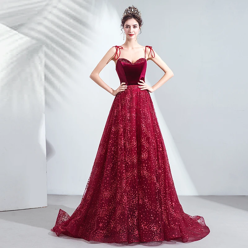 SSYFashion Новое Элегантное Вечернее Платье для банкета невесты, бордовое блестящее длинное платье для торжеств De Noche