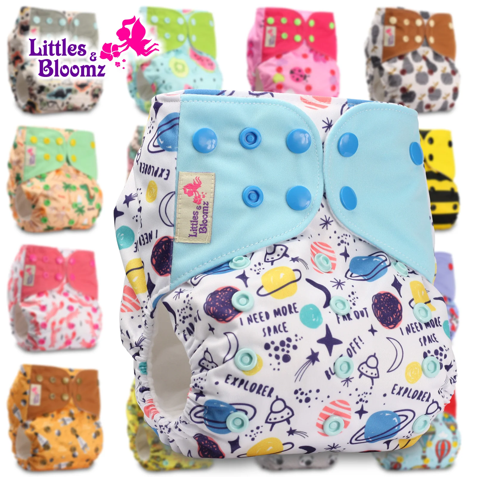 Littles & Bloomz Reusable Pocket Cloth Nappy Fastener: Hook-Loop Patterns 505 with 5 Microfibre Inserts Set of 5