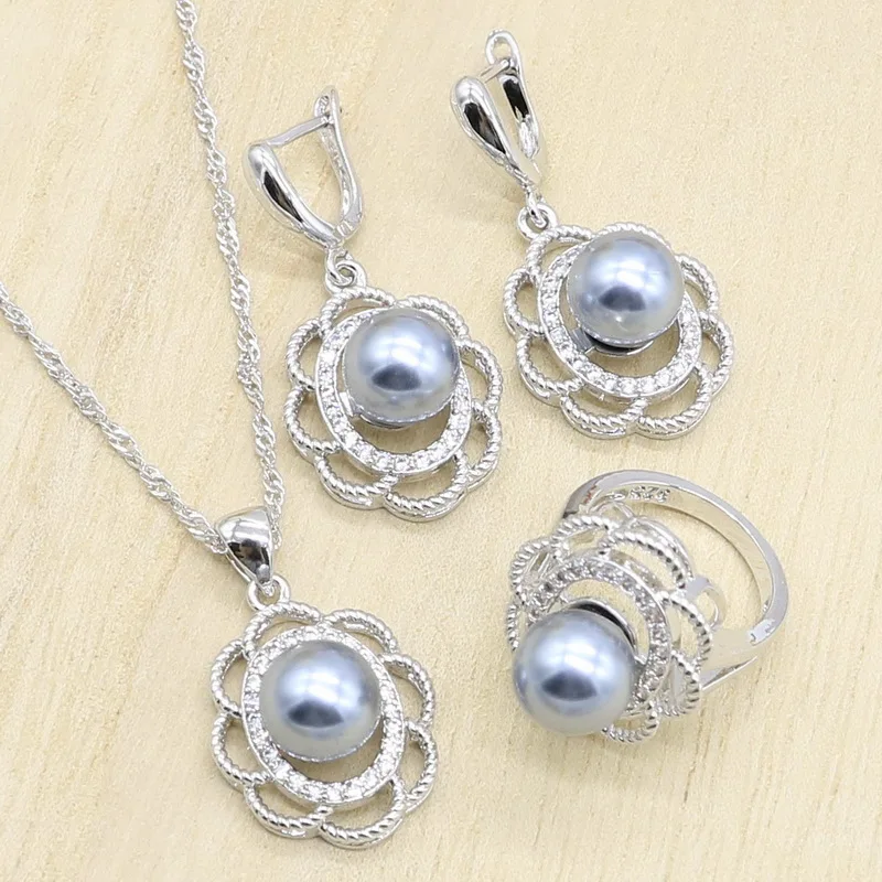 

Gray Pearl 925 Sterling Silver Bridal Jewelry Sets for Women Geometric Earrings Rings Pendant Necklace Birthday Wedding Gift