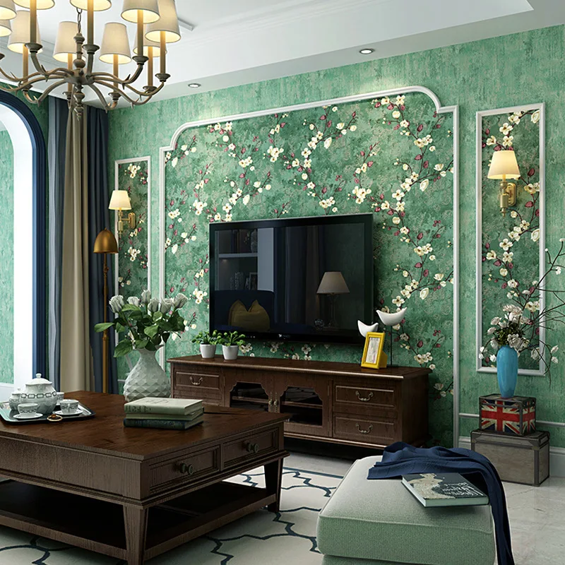 

American-Style Pastoral Style Wallpaper Bedroom Retro Nostalgic Village Style Dark Green Living Room AB Version of TV Backdrop W