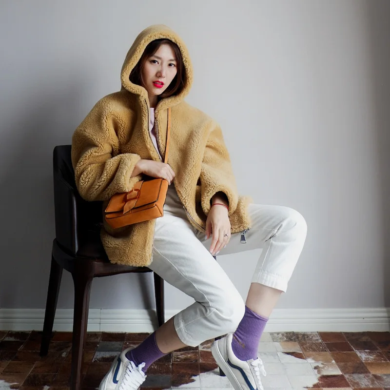 Новое пальто для стрижки овечьей шерсти с большой шапкой женская куртка из